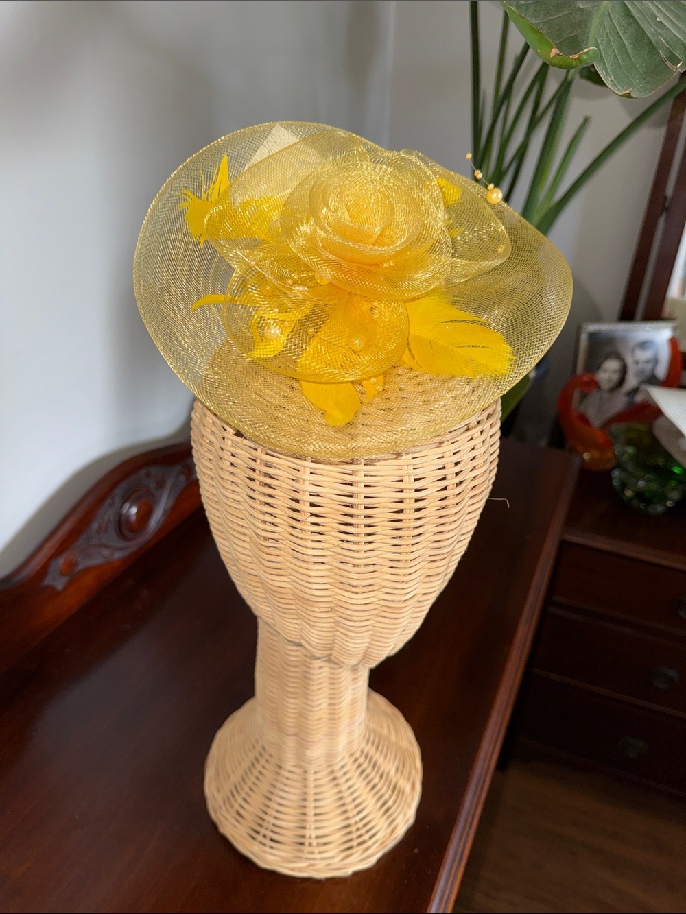 Elegant Fascinator Hat yellow sinamay fascinator adorned with feathers & beads